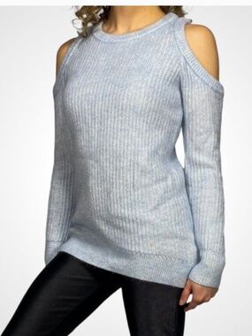 MICHAEL KORS Peek a Boo Cold Shoulder Merino Wool Blend Sky Blue Sweater Sz M